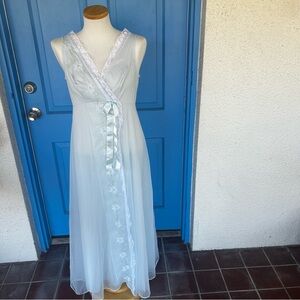 Vintage ShadownLine Sheer Blue Floral Embroidered Maxi Nightgown, Size Small